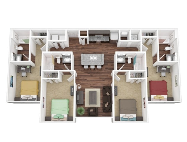 A 3D image of the 4BR/4BA – Platinum floorplan, a 1401 squarefoot, 4 bed / 4 bath unit