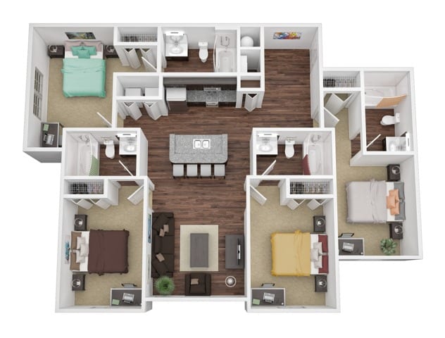 A 3D image of the 4BR/4BA – Elite floorplan, a 1424 squarefoot, 4 bed / 4 bath unit