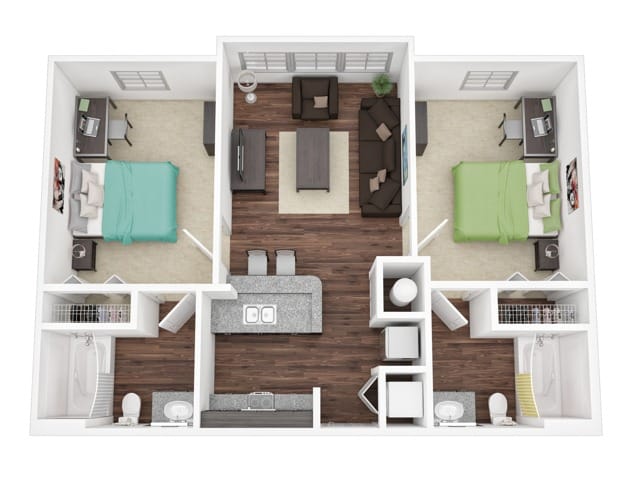 A 3D image of the 2BR/2BA – Platinum floorplan, a 786 squarefoot, 2 bed / 2 bath unit