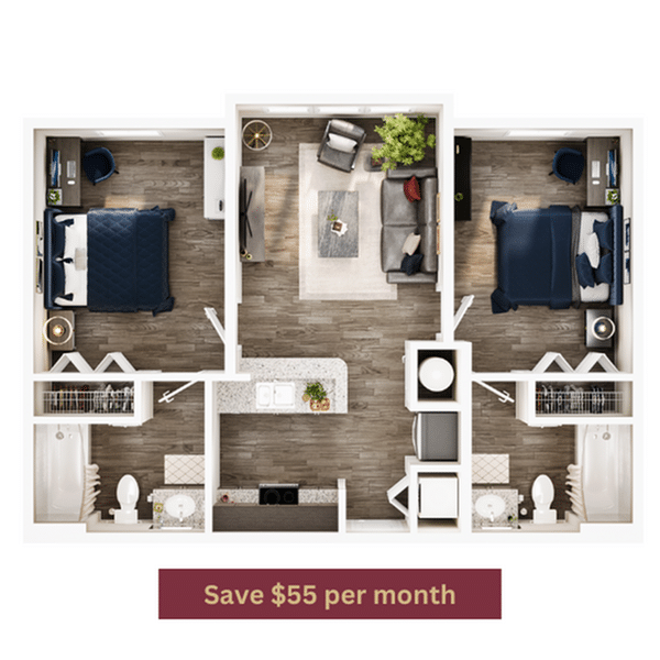 A 3D image of the 2BR/2BA – Platinum floorplan, a 786 squarefoot, 2 bed / 2 bath unit