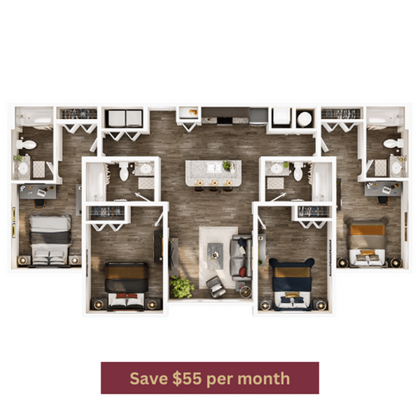 A 3D image of the 4BR/4BA – Platinum floorplan, a 1401 squarefoot, 4 bed / 4 bath unit