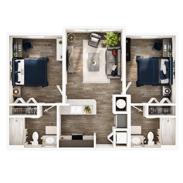 A 3D image of the 2BR/2BA – Platinum floorplan, a 786 squarefoot, 2 bed / 2 bath unit