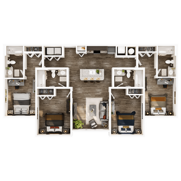 A 3D image of the 4BR/4BA – Platinum floorplan, a 1401 squarefoot, 4 bed / 4 bath unit