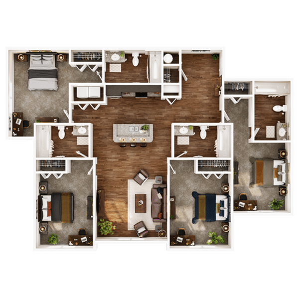 A 3D image of the 4BR/4BA – Elite floorplan, a 1424 squarefoot, 4 bed / 4 bath unit