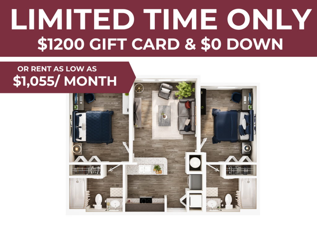 A 3D image of the 2BR/2BA – Platinum floorplan, a 786 squarefoot, 2 bed / 2 bath unit