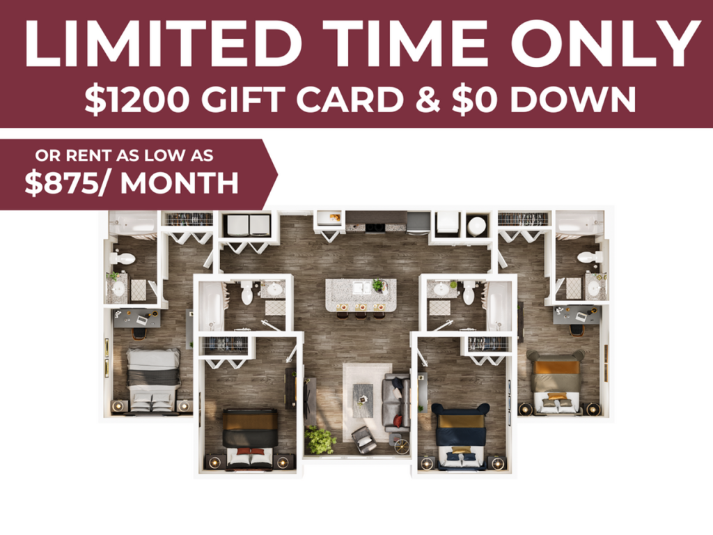 A 3D image of the 4BR/4BA – Platinum floorplan, a 1401 squarefoot, 4 bed / 4 bath unit