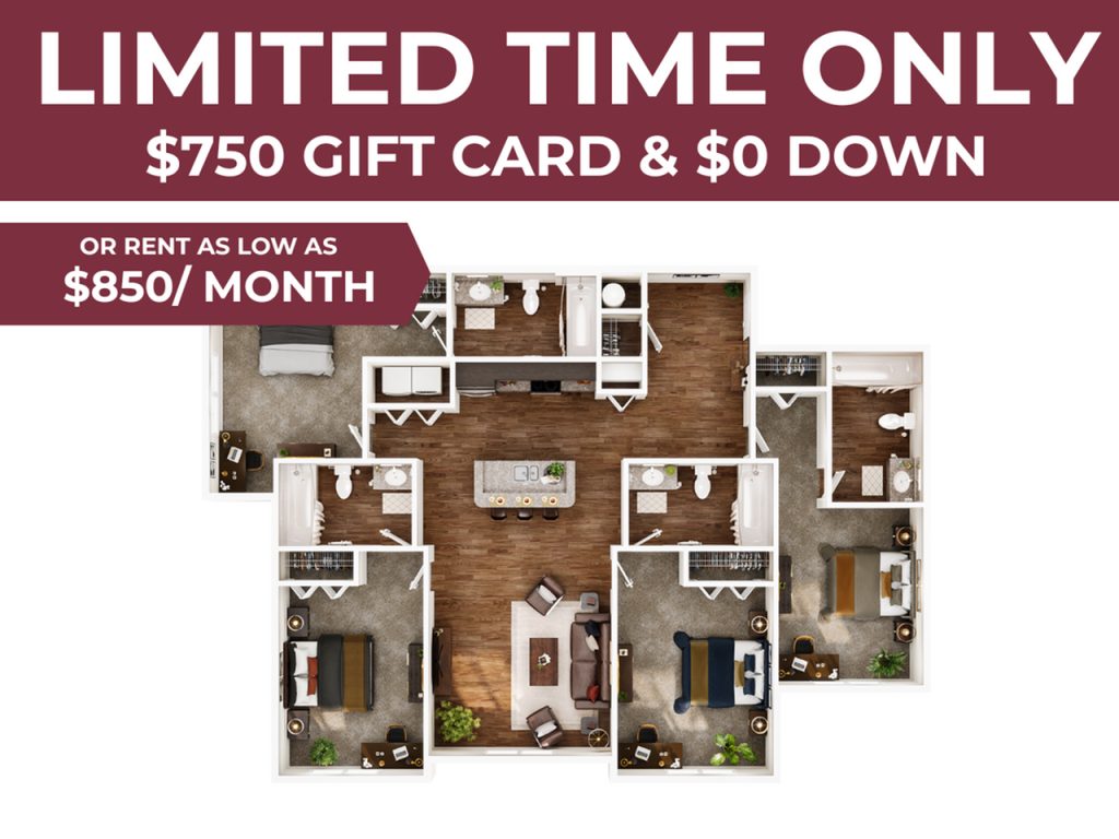A 3D image of the 4BR/4BA – Elite floorplan, a 1424 squarefoot, 4 bed / 4 bath unit