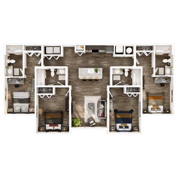 A 3D image of the 4BR/4BA – Platinum floorplan, a 1401 squarefoot, 4 bed / 4 bath unit