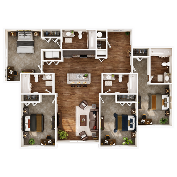 A 3D image of the 4BR/4BA – Elite floorplan, a 1424 squarefoot, 4 bed / 4 bath unit