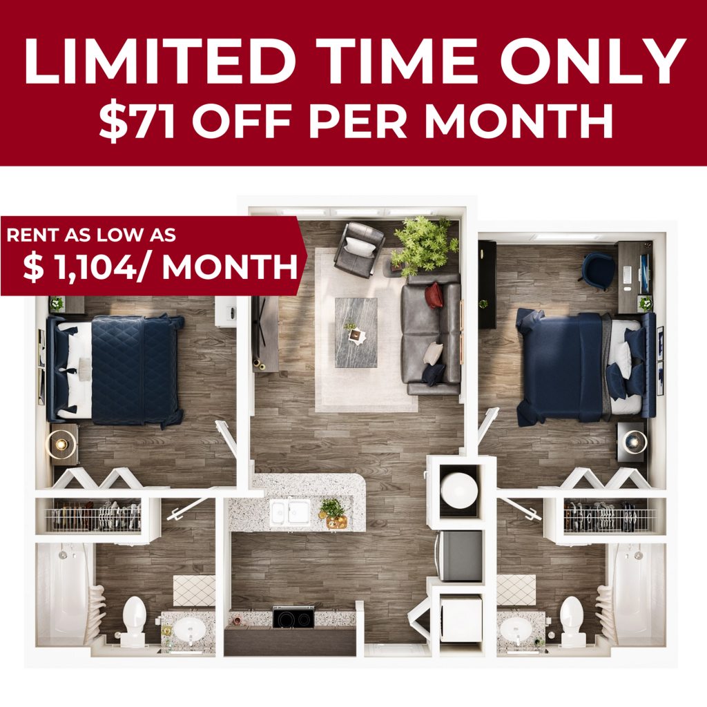 A 3D image of the 2BR/2BA – Platinum floorplan, a 786 squarefoot, 2 bed / 2 bath unit