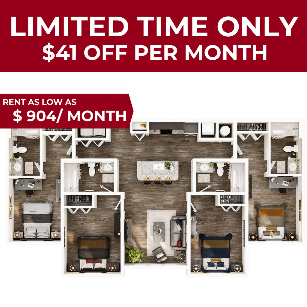 A 3D image of the 4BR/4BA – Platinum floorplan, a 1401 squarefoot, 4 bed / 4 bath unit