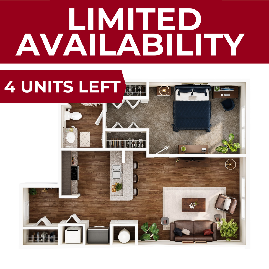 A 3D image of the 1BR/1BA floorplan, a 595 squarefoot, 1 bed / 1 bath unit